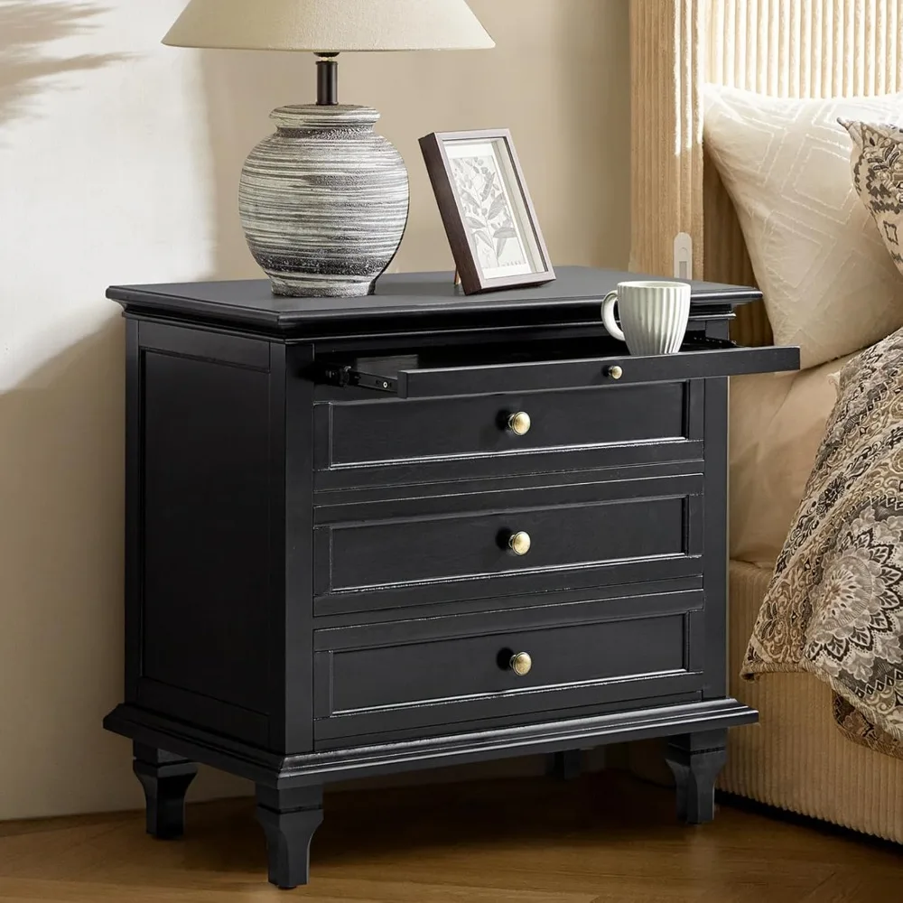 

charging station nightstand in black solid wood with 3 drawers and pull-out shelf, farmhouse style end table