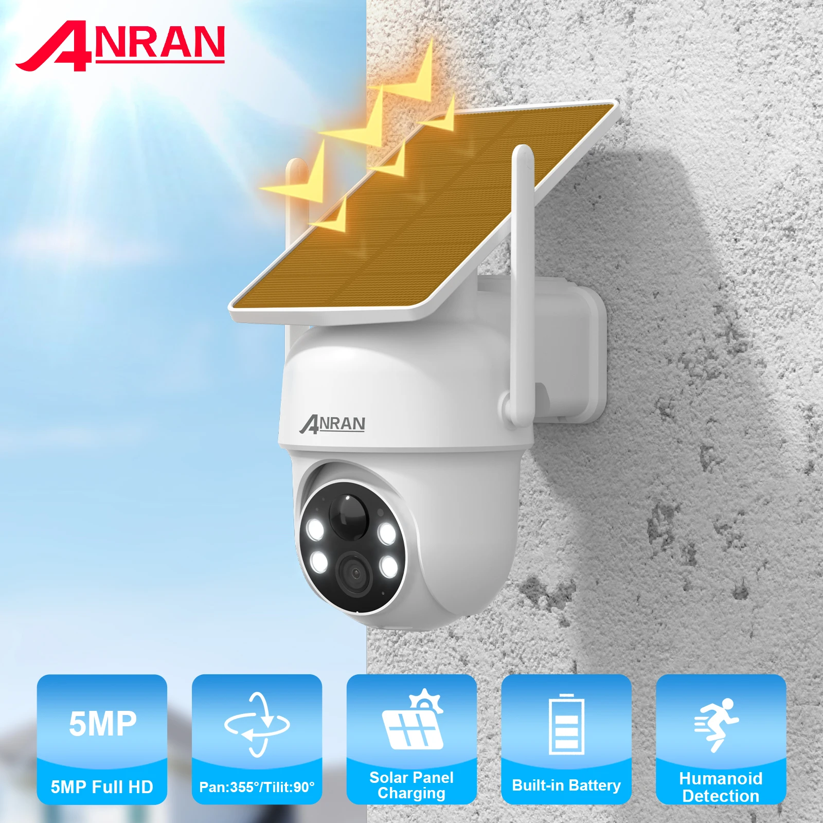 �y�Z�[�����zANRAN �\�[���[�J���� 2K 3/5MP 2.4G Wifi �Ď��Z�L�����e�B�J�����z�[���ی�o�b�e���[�J���� PIR ���o�A�o�����I�[�f�B�I