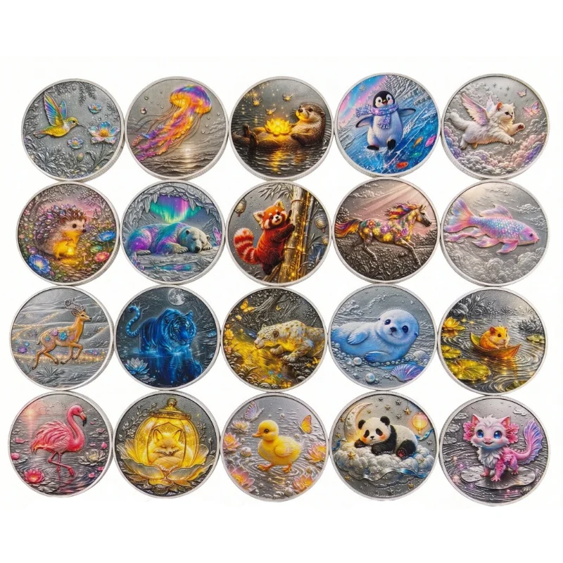 25 Pcs 1oz Silver Plated Copper Coin Full Set Magical Rainbow Cute Wildlife Animal Aurora Forest Ocean Fantasy Collectible Coin