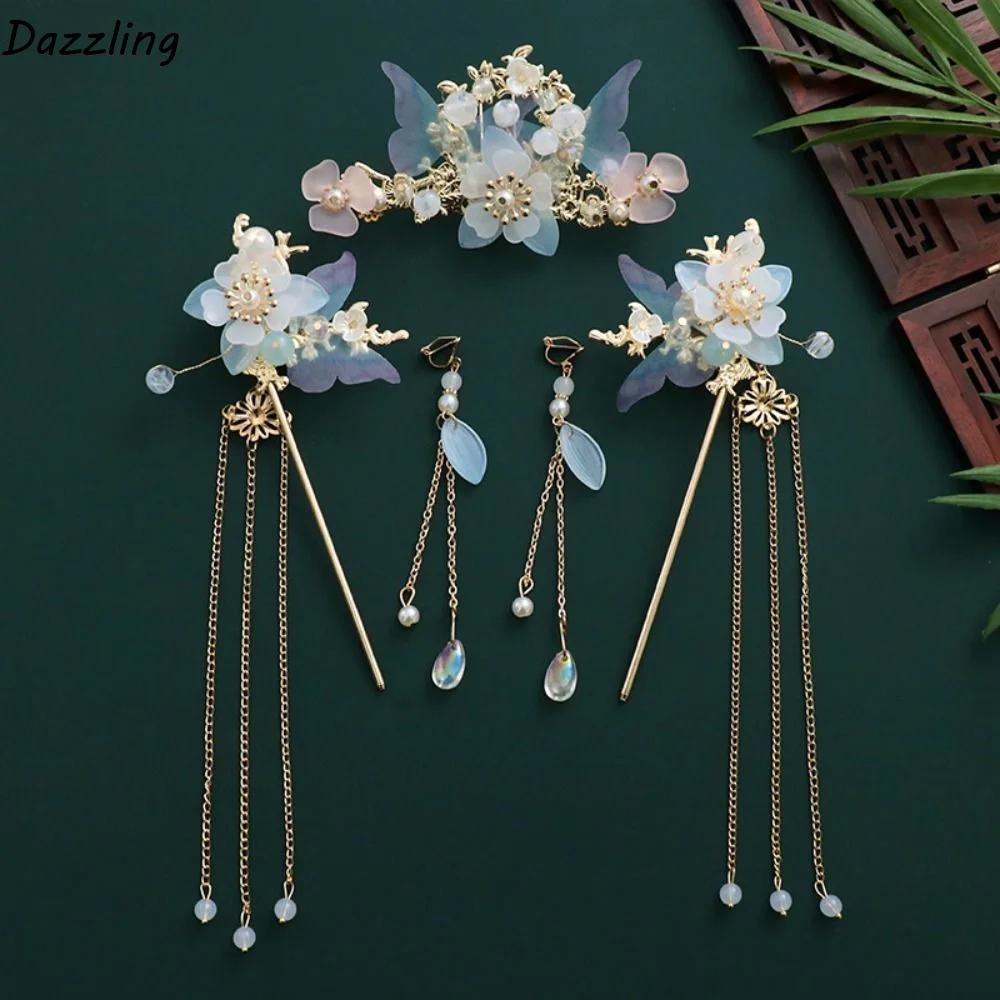 Image of Antikes Blumen-Haarnadel-Set im chinesischen Stil mit Perlenohrringen, Hanfu-Haarstab, Haarpin, Haarstäbchen für langes Haar