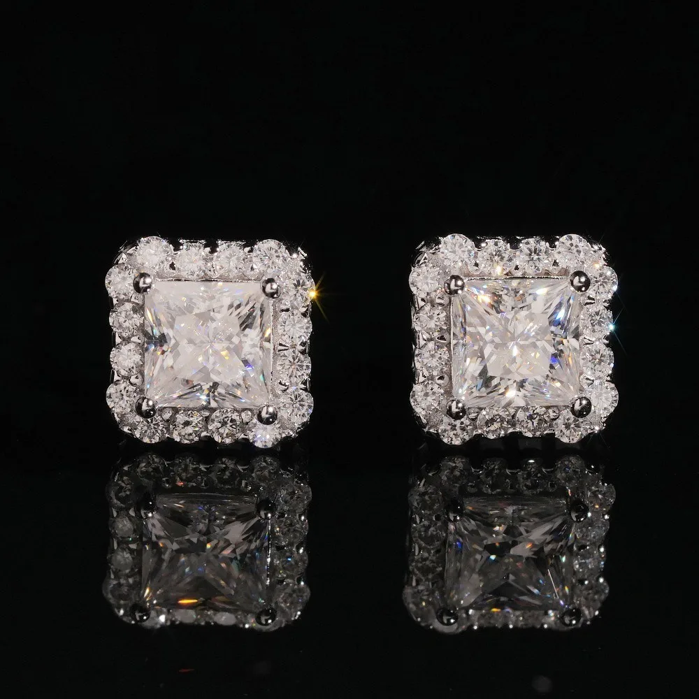 0.8ct D Color Princess Moissanite Stud Earrings Screw Back 925 Sterling Silver Hiphop Rock Square Diamond Earrings Men Girl Gift