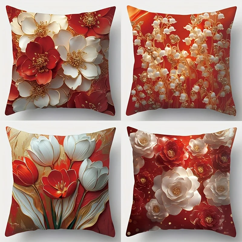 4 Pcs Luxe Floral Print Pillow Covers – Elegant Red & White Design, Perfect for Living Room Holiday Decor & Decorative Cushions
