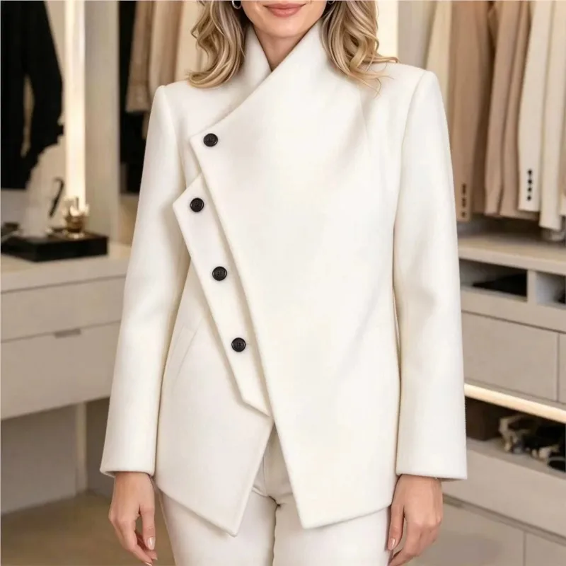 2026 New Women's Autumn And Winter Jacket With Beveled Edge Buckle Solid Color Temperament Comfortable Fashion Versatile Jacket