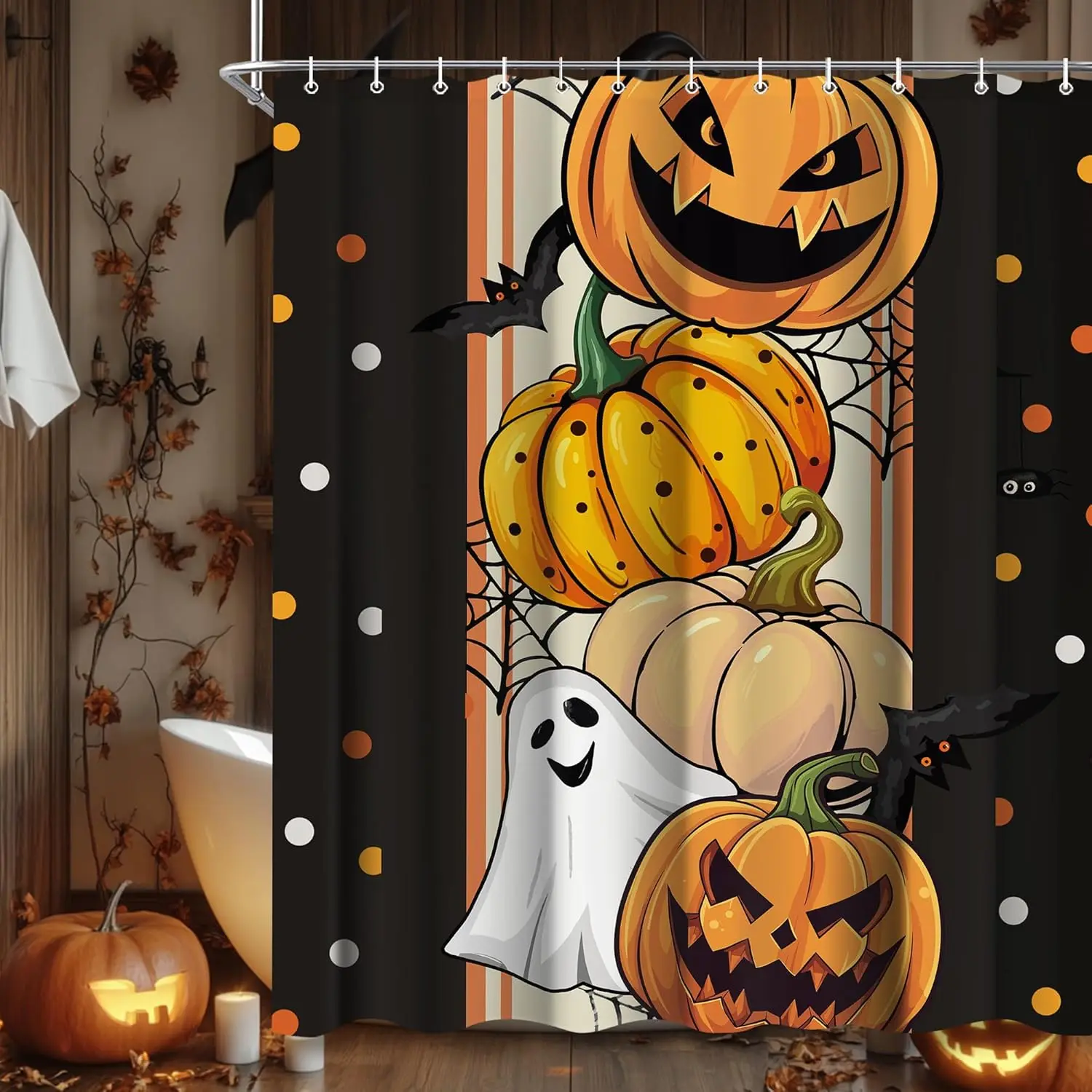 

Занавеска для душа с тыквой и призраком на Хэллоуин для ванной комнаты, фонарь, паутина, занавеска для ванны, декор