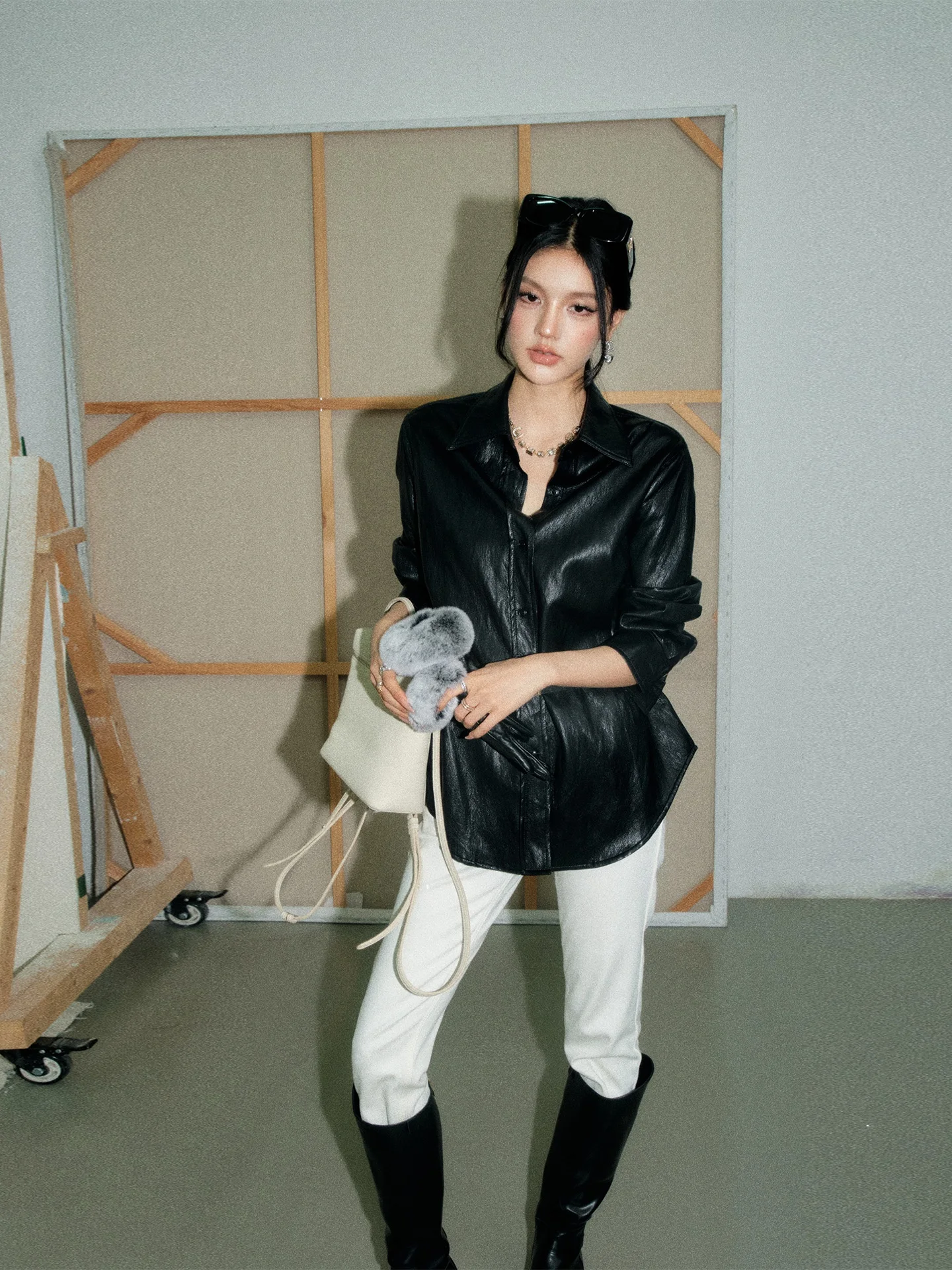 

OLIVIA DUO Fce Lined Faux Leather irt Casual Loose Fit Long Sve Women's irt Folded Side Slimming Design Winter 2025