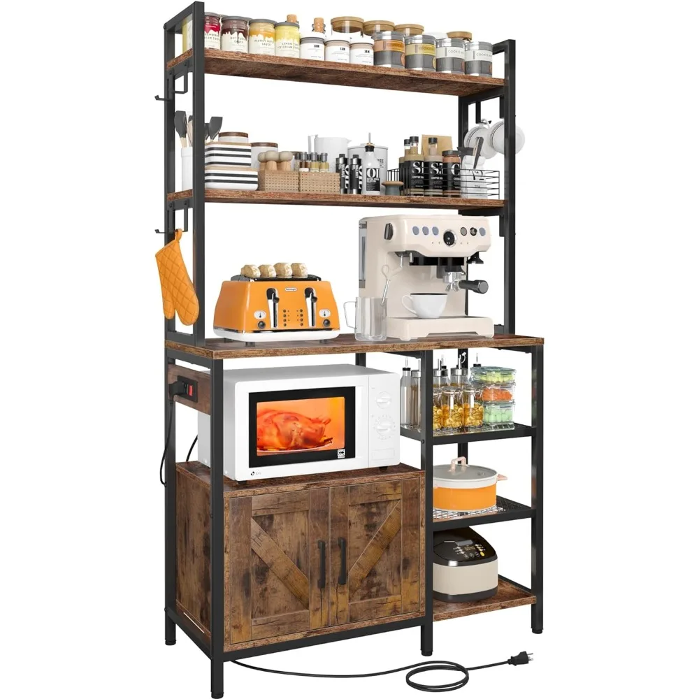 EnHomee Bakers Racks for Kitchens with Power Outlet, 6-Tier Microwave Stand with Storage Cabinet, Farmhouse Kitchen Coffee Bar