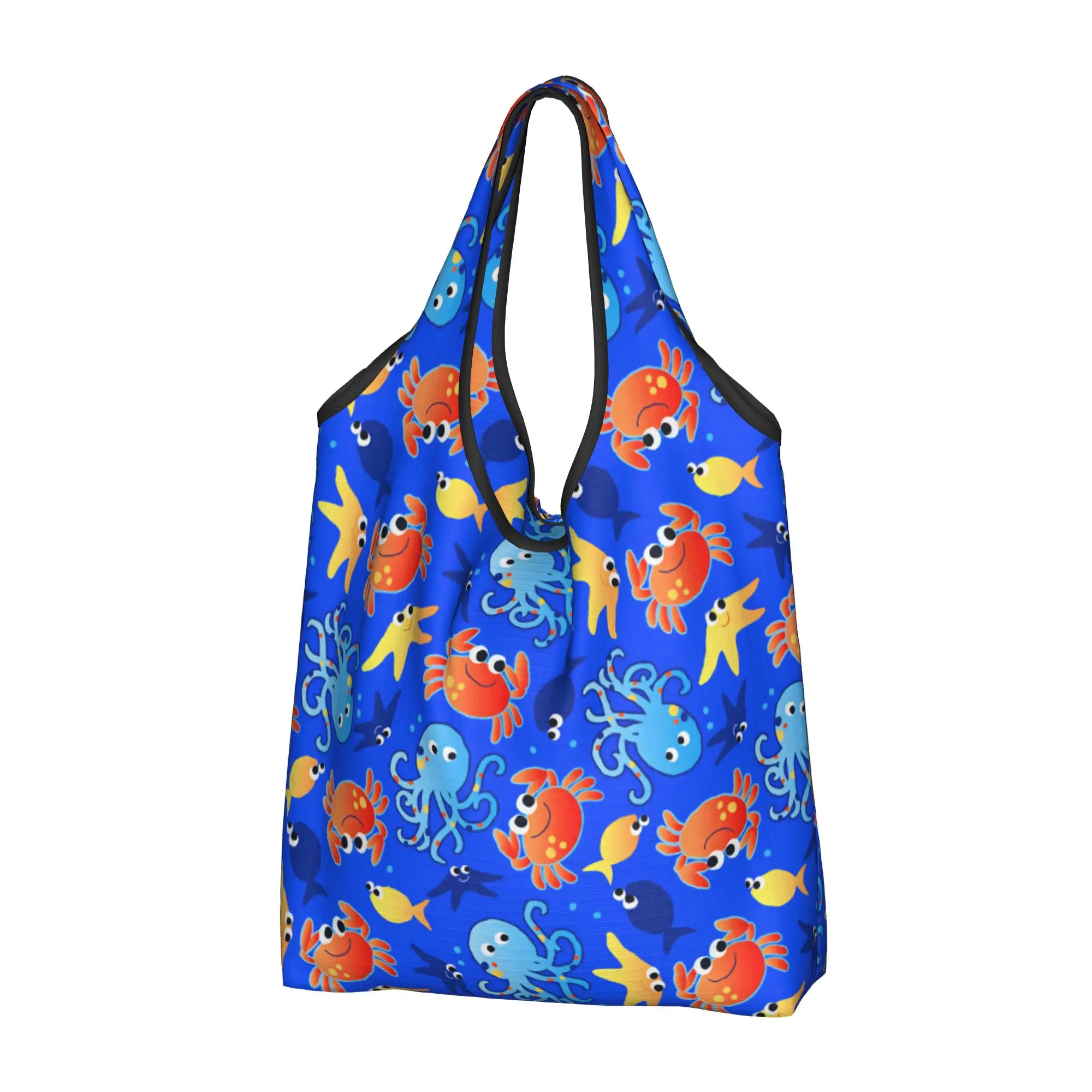 Funny Printed Marine Life Octopus Crab Starfish Shopping Tote Bag Portable Shopper Shoulder  Small Fish Handbag