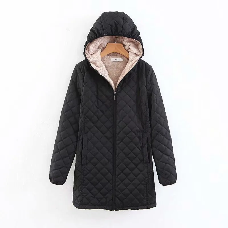 2024Autumn/Winter New Hooded Warm Lamb Fleece Long Sleeve Cotton Jacket Cotton Jacket Size Up Coat Women's Medium Long Checkered