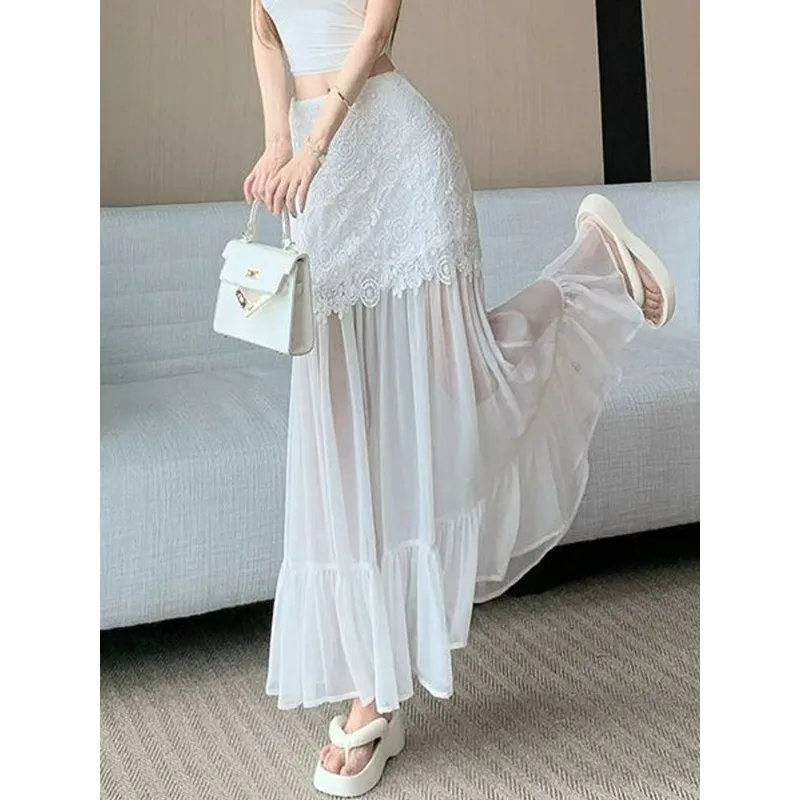 시크하고 아름다운 하이웨이스트 심플 솔리드 컬러 2025 여름 신상 오피스룩 여성 패션 레이스 스플라이싱 메쉬 A라인 스커트