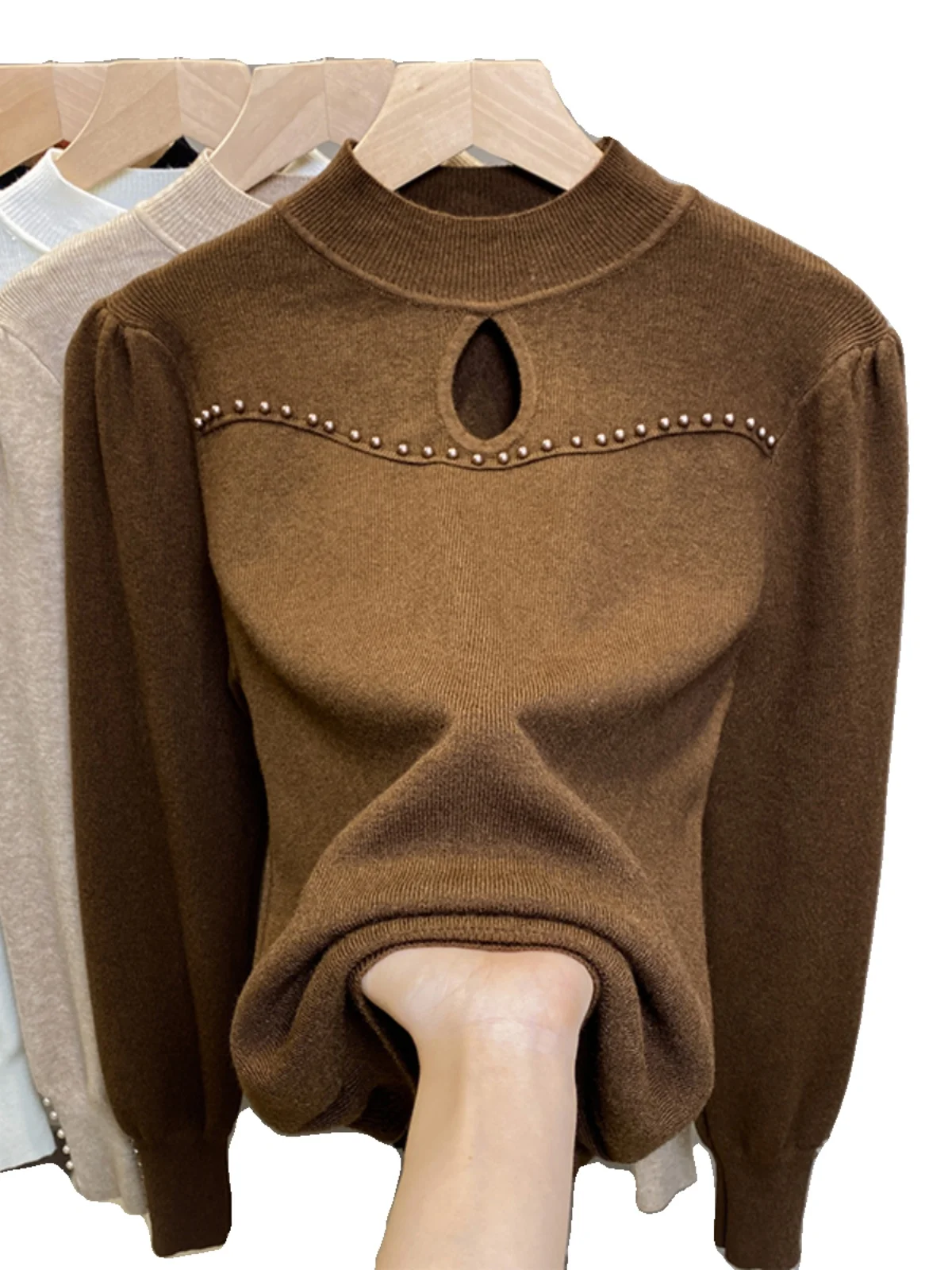 plus Size Women's Knitted Sweater High Collar Hollow out Design Base Layer Trendy Bead Embellied Autumn Winter Faion