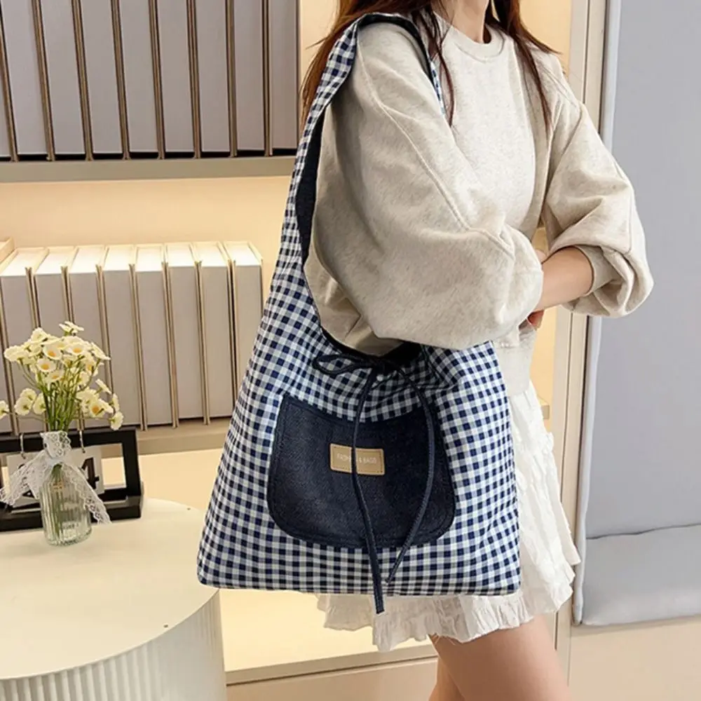 

Lattice Double Sided Plaid Denim Vest Bag Cloth Leisure Denim Shoulder Bag Commuting Japanese Style Canvas Tote Bag Student