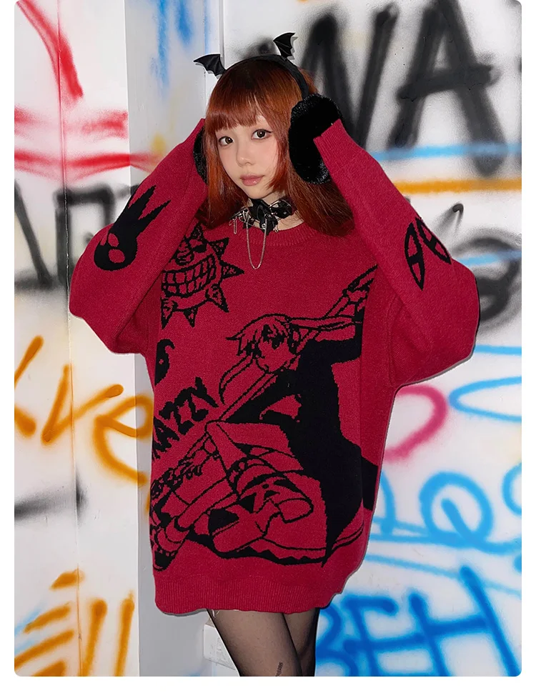 2024 Autumn Winter Y2k Women Jumper Sweater Harajuku Cartoon Knitted Red Sweater Men Loose Oversized Rock Hip Hop Rap Pullover