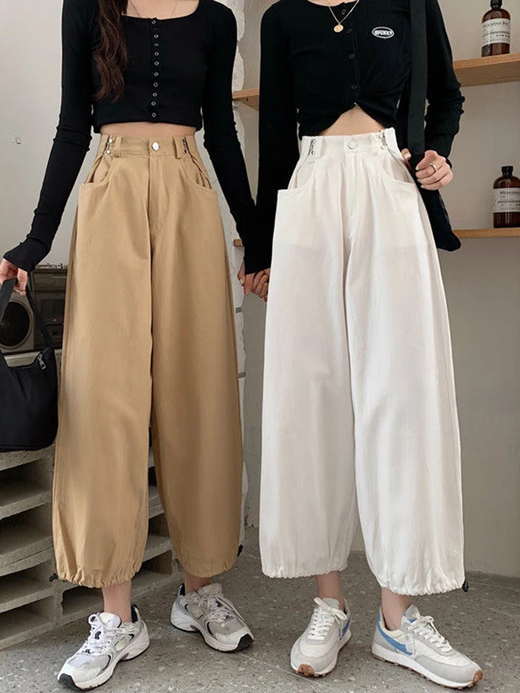 Jmprs Streetwear Ankle Length Cargo Pants Women Vintage High Waist Loose Casual Bloomers Pants Harajuku Oversize Bf Trousers New