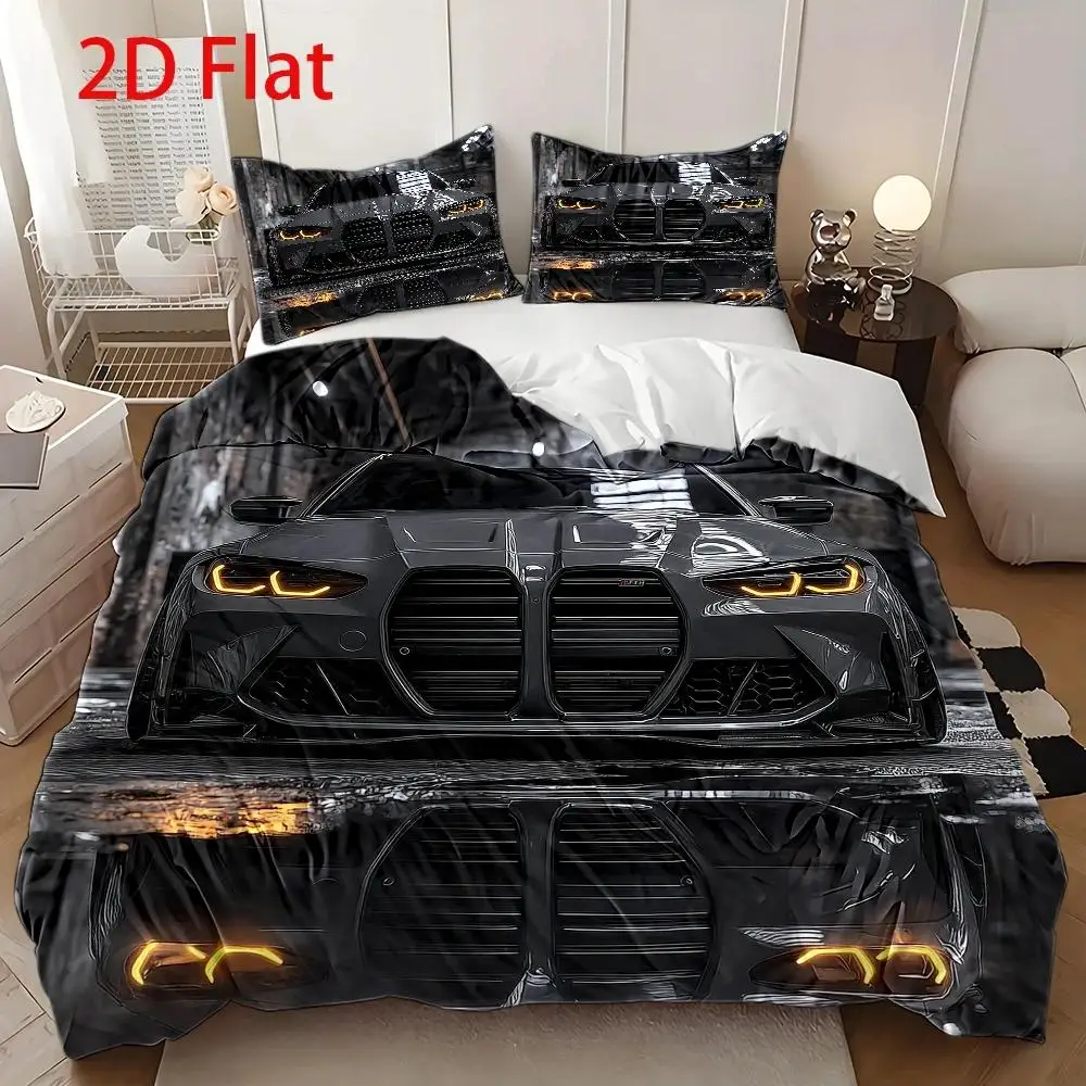 3Pcs Polyester Duvet Cover Set Futuristic Car Front Design 2D Printed Bedding with 2 Pillowcases Cyber Tech Theme No Filling