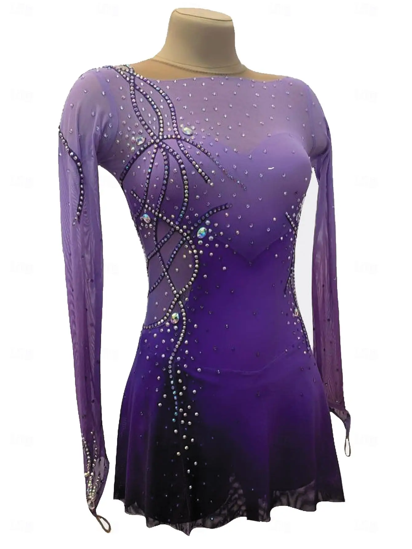 Figure Skating Dress Gradient Blue Rhinestone Mesh Long Sleeve for Adults Kids Competition Performance Customizable