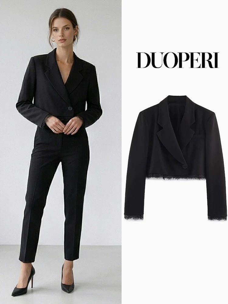 DUOPERI Women Fashion Black Lace Hem Single Button Cropped Blazer Vintage Long Sleeves Notched Neck Female Chic Lady Outfits