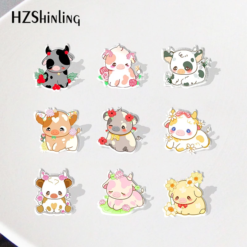 2023 Cartoon 12 Birth Month Cow Acrylic Collar Pin Pattern Anime Acrylic Lapel Pins Resin Acrylic Epoxy