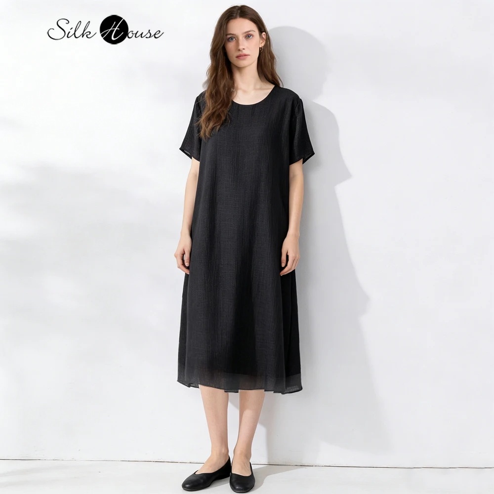 

Plus Size Cool Breathable 100% Natural Mulberry Silk Black Round Neck Short Sleeved Versatile Summer Casual Skin Friendly Dress