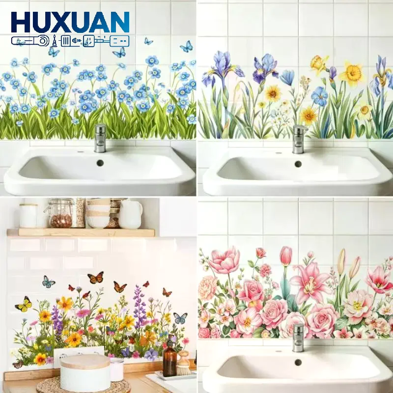 Fresh Flower Pattern Wall Sticker Waterproof Non-Marking Sink Area Background Decal for Bathroom Kitchen Decor