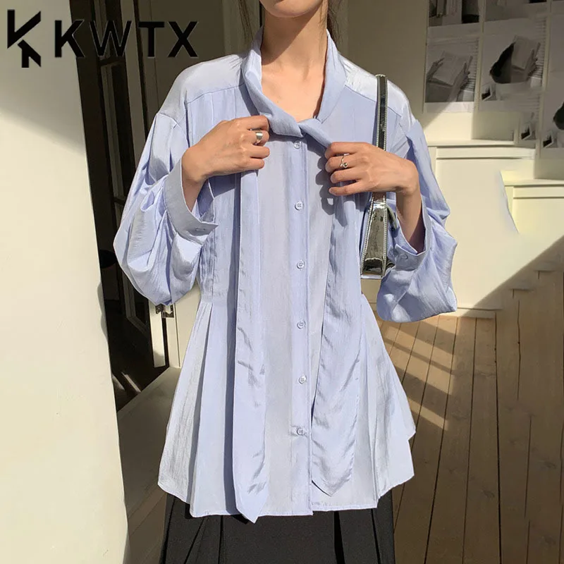 

KWTX 2025 New Women’s Blouse Spring Summer Elegant Casual Solid Color Pleated Lace-up Slim Fit Minimalist Chic High Quality