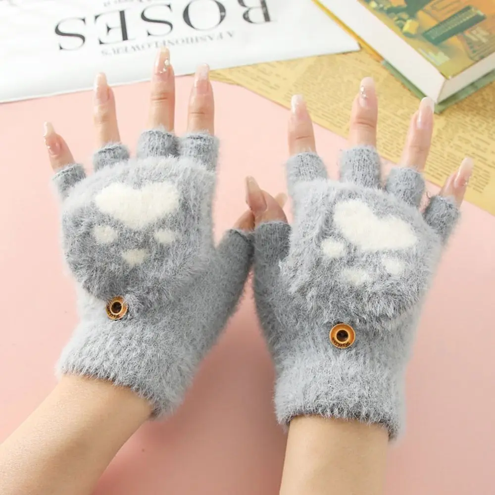 

Lovely Soft Plus Knitted Finger Gloves Flip Cover Thicken Winter Mittens Paw Claw Short Fingerless Gloves Children's Handwriting
