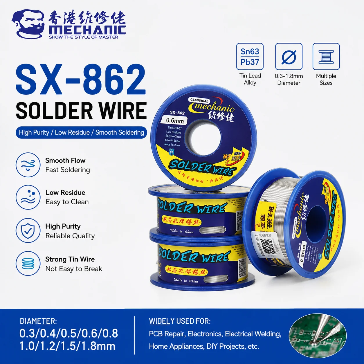 MECHANIC SX-862 60g Solder Wire Sn63/Pb37 Rosin Core Low Residue Tin Solder Wire 0.3-1.8mm for PCB Phone Repair Welding