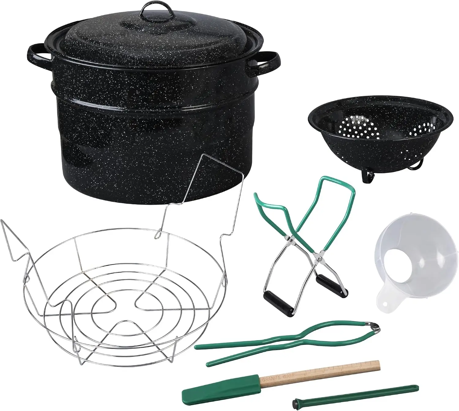 9 Piece Enamelware Water bath Canning Pot with Canning kit, Colander and Rack. Canning Supplies Starter Kit.