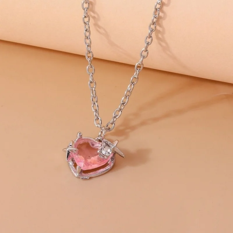 5Pcs Y2K necklace set pink rhinestone heart-shaped arrow colored imitation crystal cross pendant stackable necklace jewelry