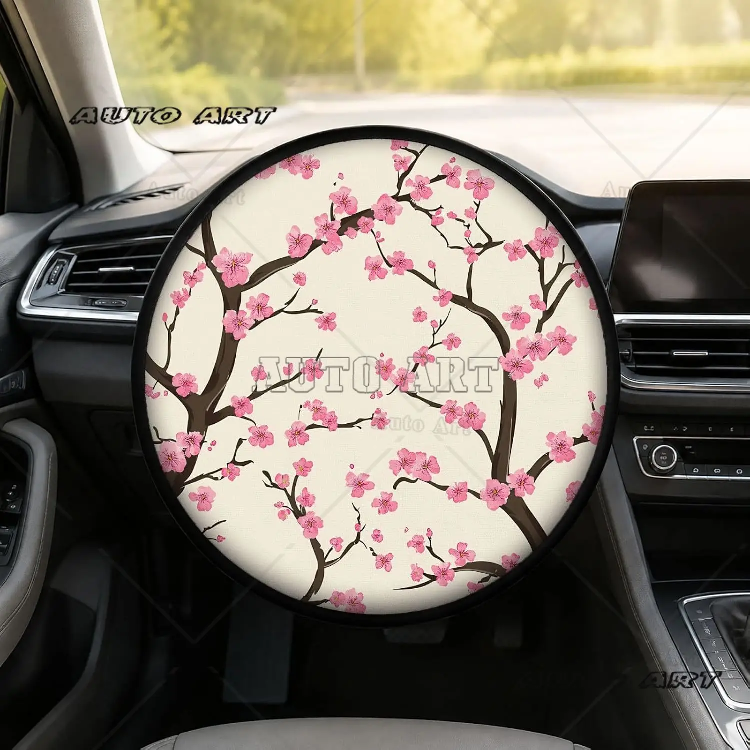 Pink Cherry Blossom Flowers Car Steering Wheel Sun Shade Cover