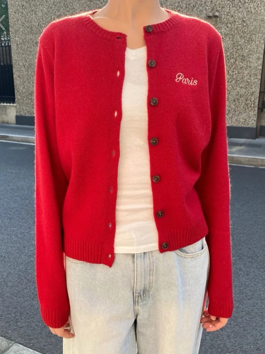 Letter Embroidery Red Knitted Sweater Cardigan Spring O-Neck Single Breasted Cotton Knitwear Solid Simple Sweaters Coat Y2k Tops