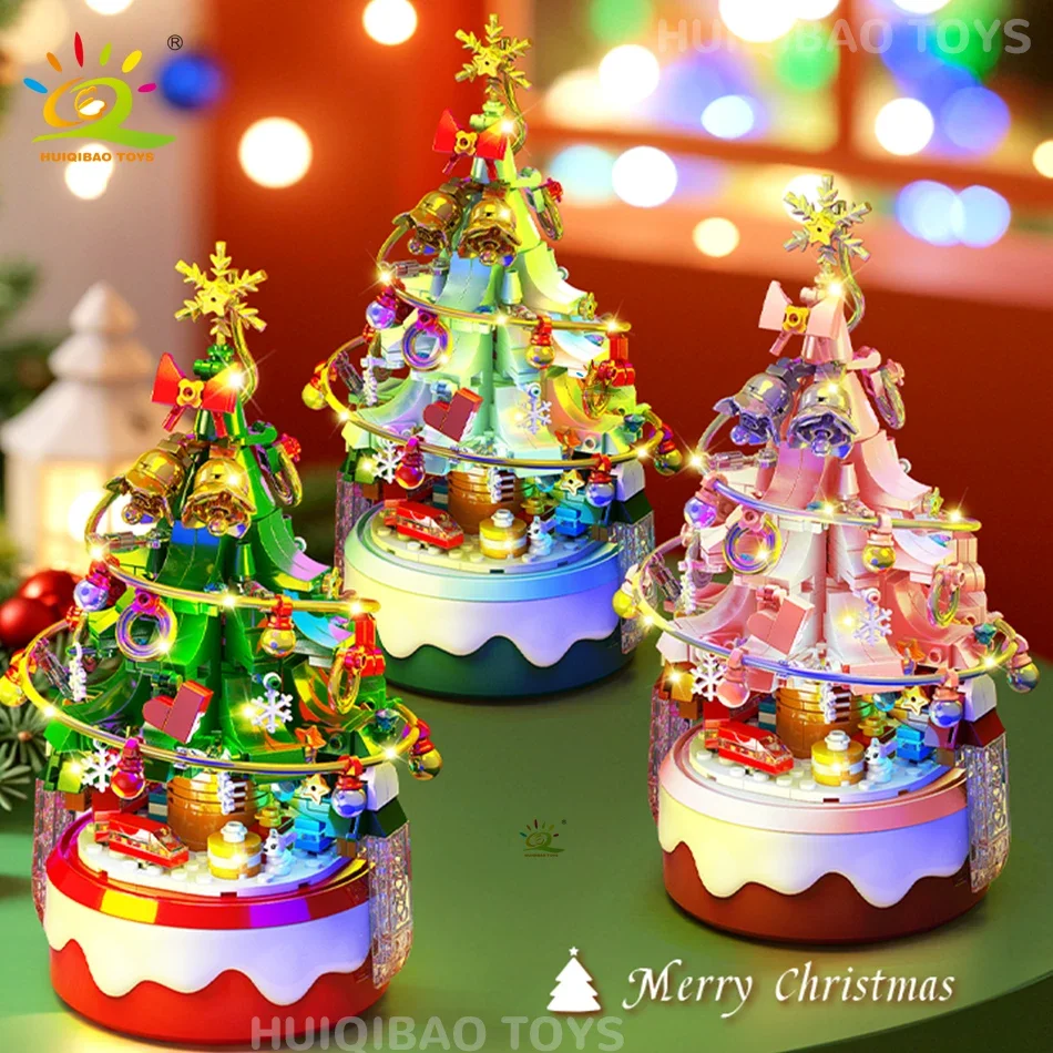 HUIQIBAO Minium Christmas Tree Music Box Model Bricks DIY Santa Claus Building Blocks Kit Toy Educational Gift For Children