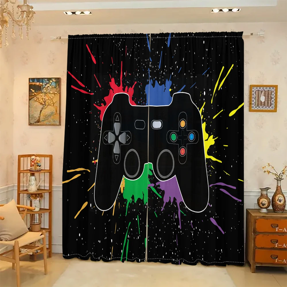 2 Piece Gamepad Curtain Color Splash Esports Theme Red Blue Living Room Bedroom Game Room Decor Curtain