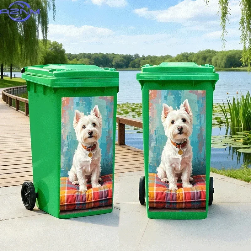 2D 1PC[ Flat Printing]1pc Trash Can Sticker[Title Translated, Do Not Change] White Dog Color Mat Sitting And Looking Theme Des