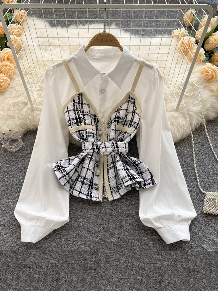 Women Contrasting Color Waist Stitching Fake Two-piece Long-sleeved Shirt Korean All-match Thin Blouse Tops Female D0392