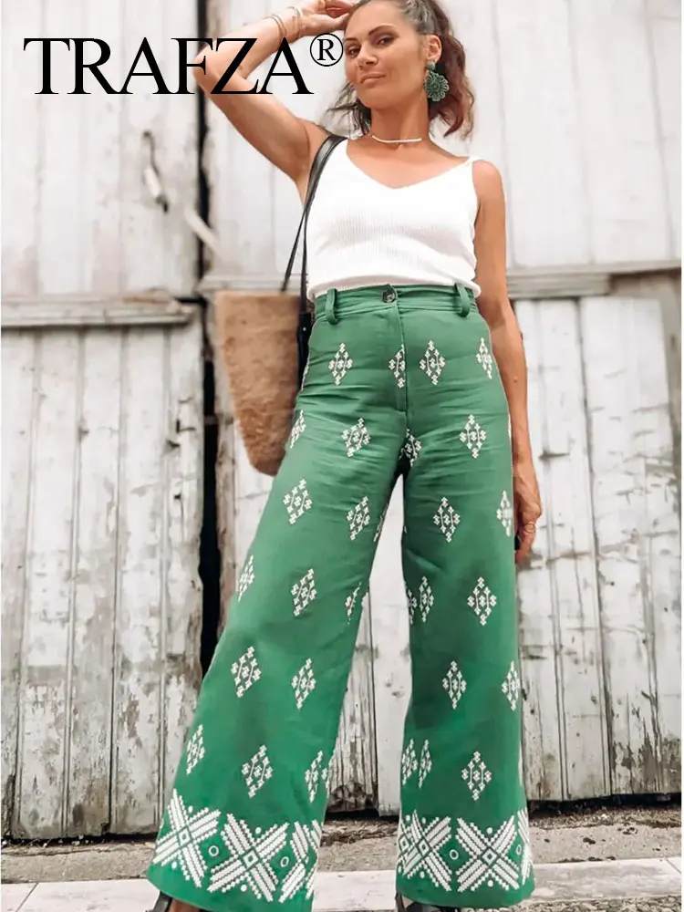 TRAFZA Embroidery Wide Leg Pants for Women Trousers Women Streetwear Casual Mid Waist Women Pants Summer Baggy Pants