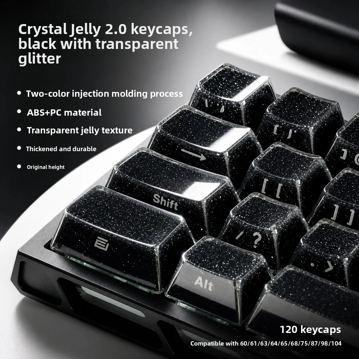 120Jelly Black Keycaps for the Above Keys, Crystal Starry Sky Keycaps, Glitter Side Engraving, ABS+PC+Glitter Powder