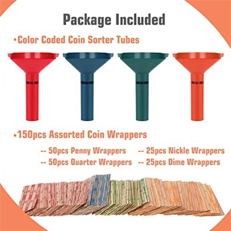 Coin Sorter with Coin Wrappers for All Coins, Coin Counter Tubes Plastic with 150Pcs Coin RollsWrappers Assorted