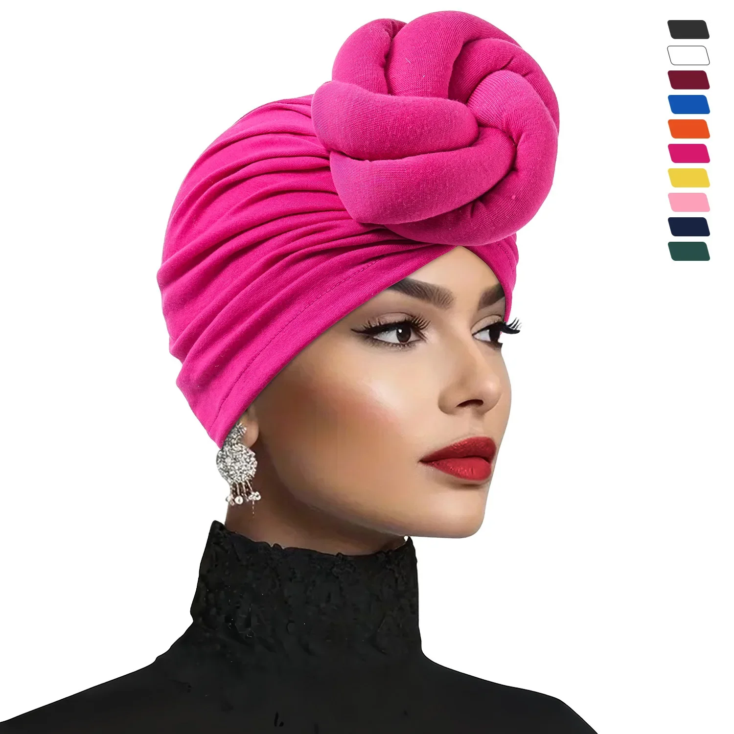 New Pre-Made Knotted Turban Hat Solid Color Head Wraps Elegant Pleated Beanies Headscarf For Women Turban