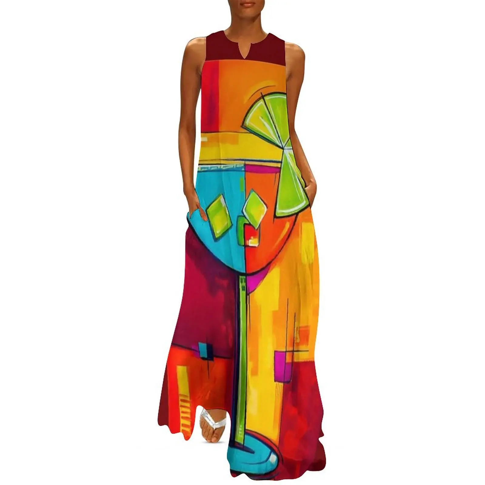 

Summer Cocktail Delight - Vibrant Glass with Lime Slice Set Against Bold Geometric Background Long Dress