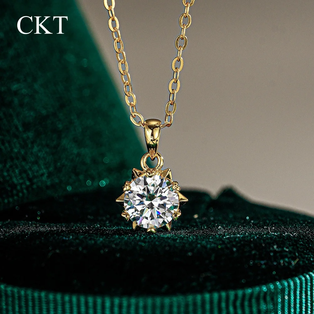 CKT 1ct Diamond Moissanite Solitaire Pendant in 18k Yellow Gold, Minimalist Fine Jewelry Necklace for Women Classic Snowflakes