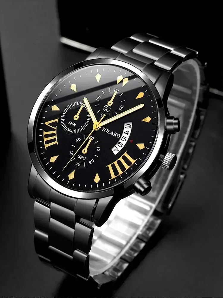 2PCs Men's Business Gentleman Steel Band Calendar Quartz Watch+Chain Bracelet Set Watch