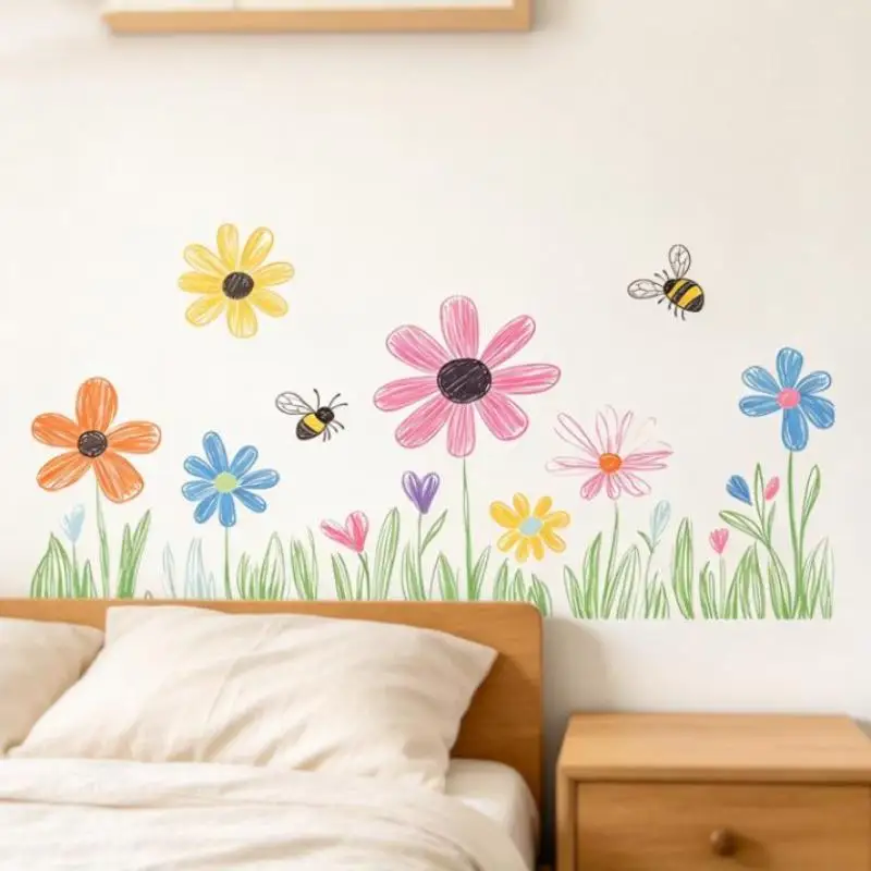 Removable Wall Sticker Fresh Floral Pattern Self-Adhesive Sink Backdrop Decal for Dining Room Home Decor