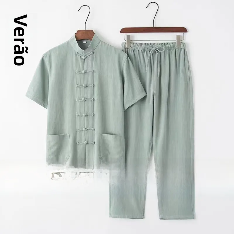 軽量リネン半袖メンズセット-中年・高齢者向け-伝統的な中国風漢服-お父さん服-夏服