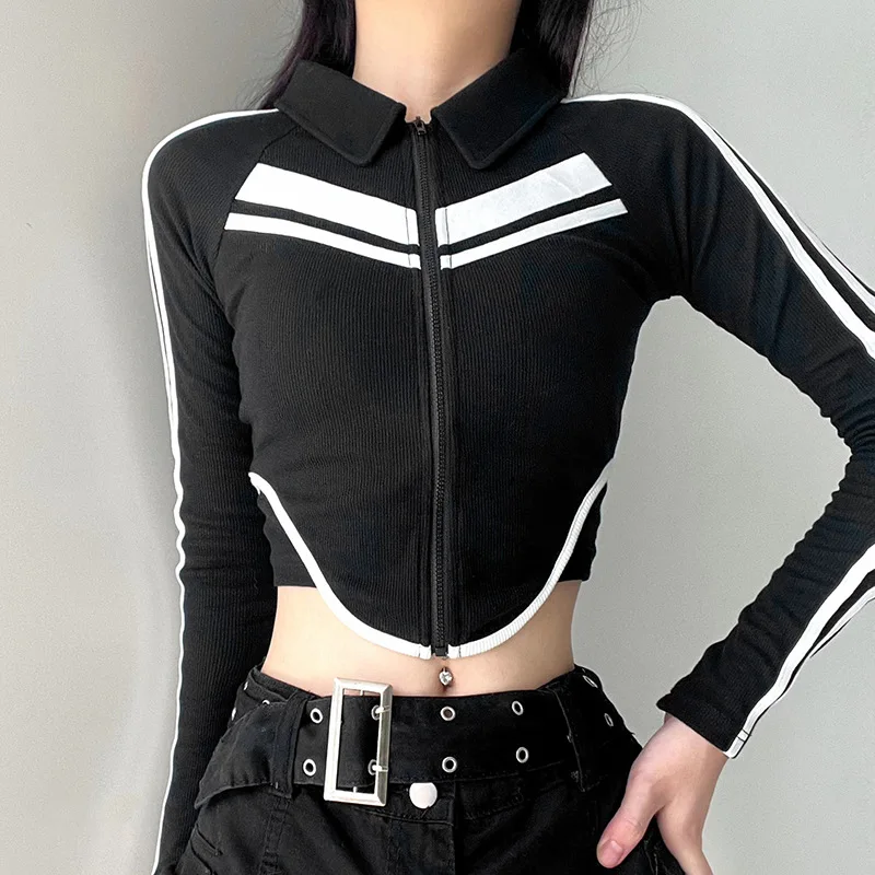 Contrast Ribbon Spliced Irregular Hem Long Sleeve Sweatshirt Women's Motorcycle Style Personalized Polo Neck Sports Bottom Shirt