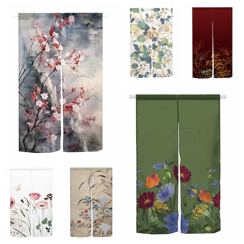 Floral Door Curtain Flower Japanese Half Hanging Curtain Cafe Bathroom Kitchen Entrance Partition Door Curtain Noren Decoration