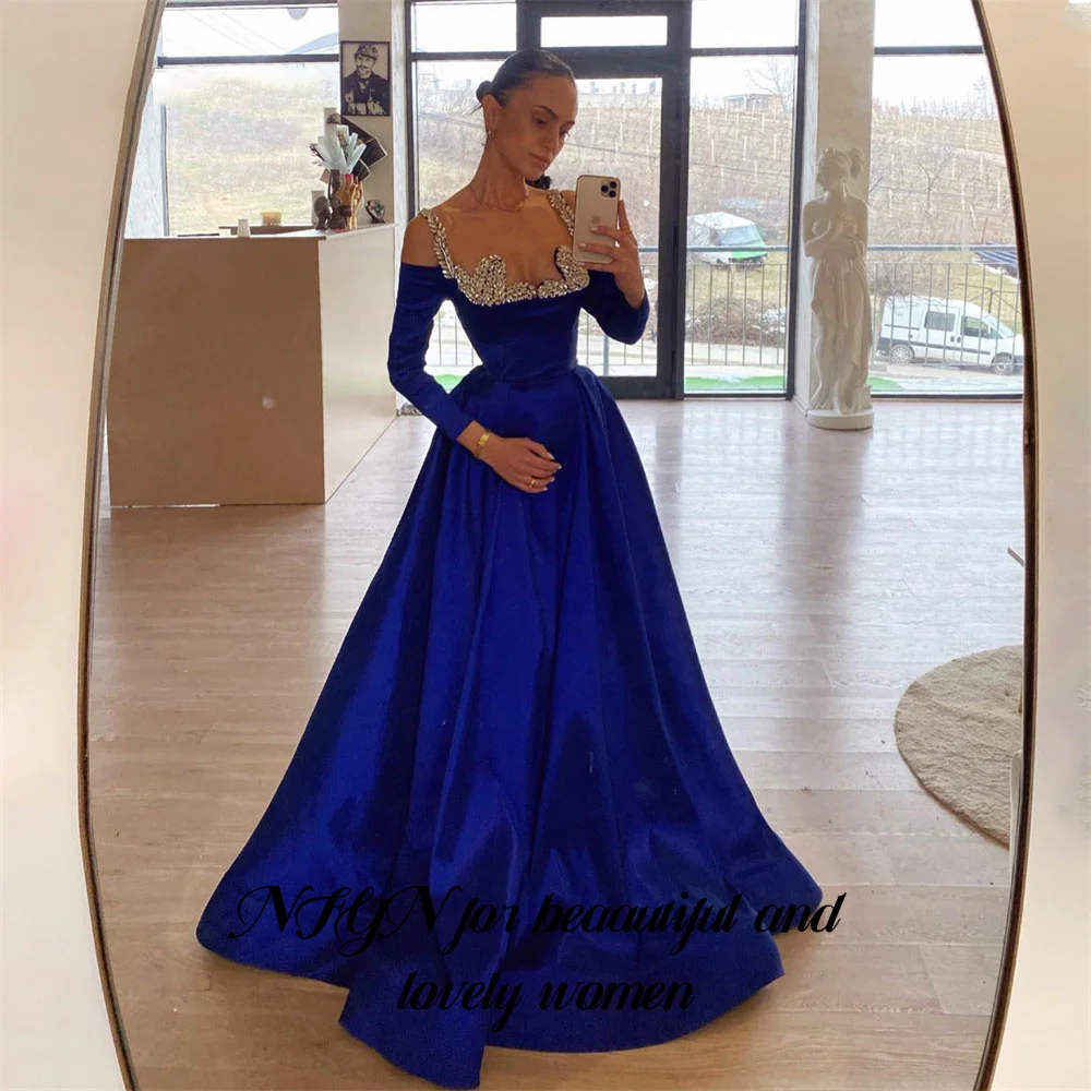 

RFYR Spaghetti Strap Navy Blue Prom Dress A Line Full Sleeves Celebrity Gown Women's Evening Dress Sequin Formal Gown Customized