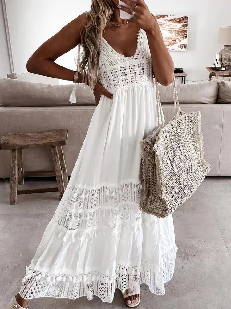 

Summer White Long Dress Women Spaghetti Strap Off Shoulder Dress Female Sexy Backless Dress Ladies Hollow Out Tassel Maxi Dress