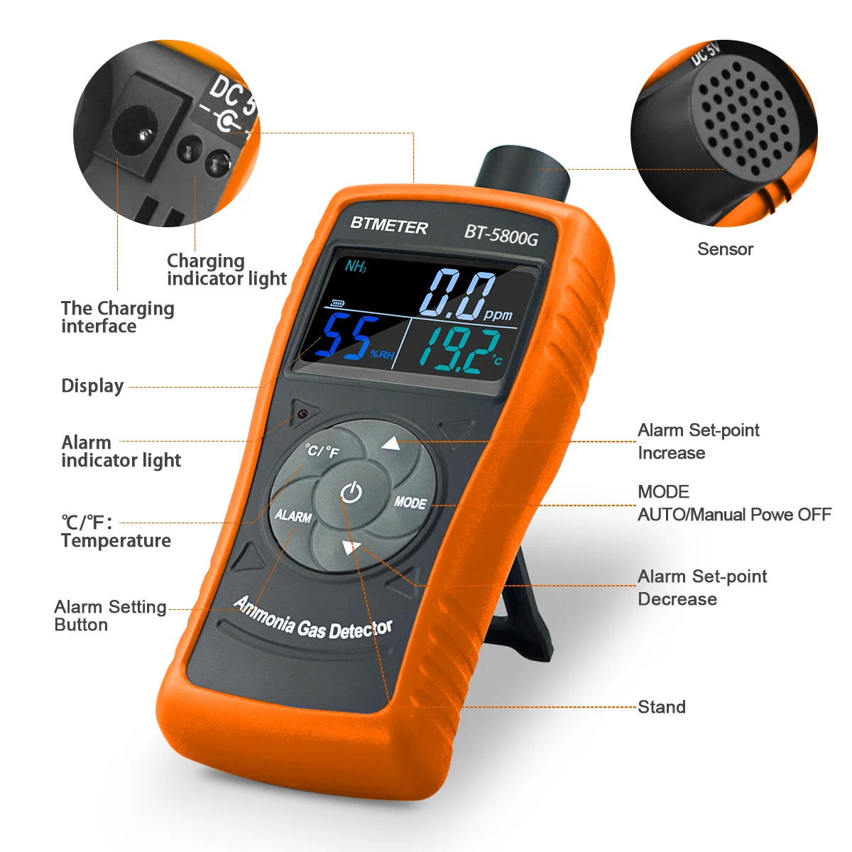 BTMETER Ammonia Gas Detector Sensor, Test for 0~100 PPM Nh3 Monitor Gauge with Temperature Humidity Tester (Orange) BT-5800G