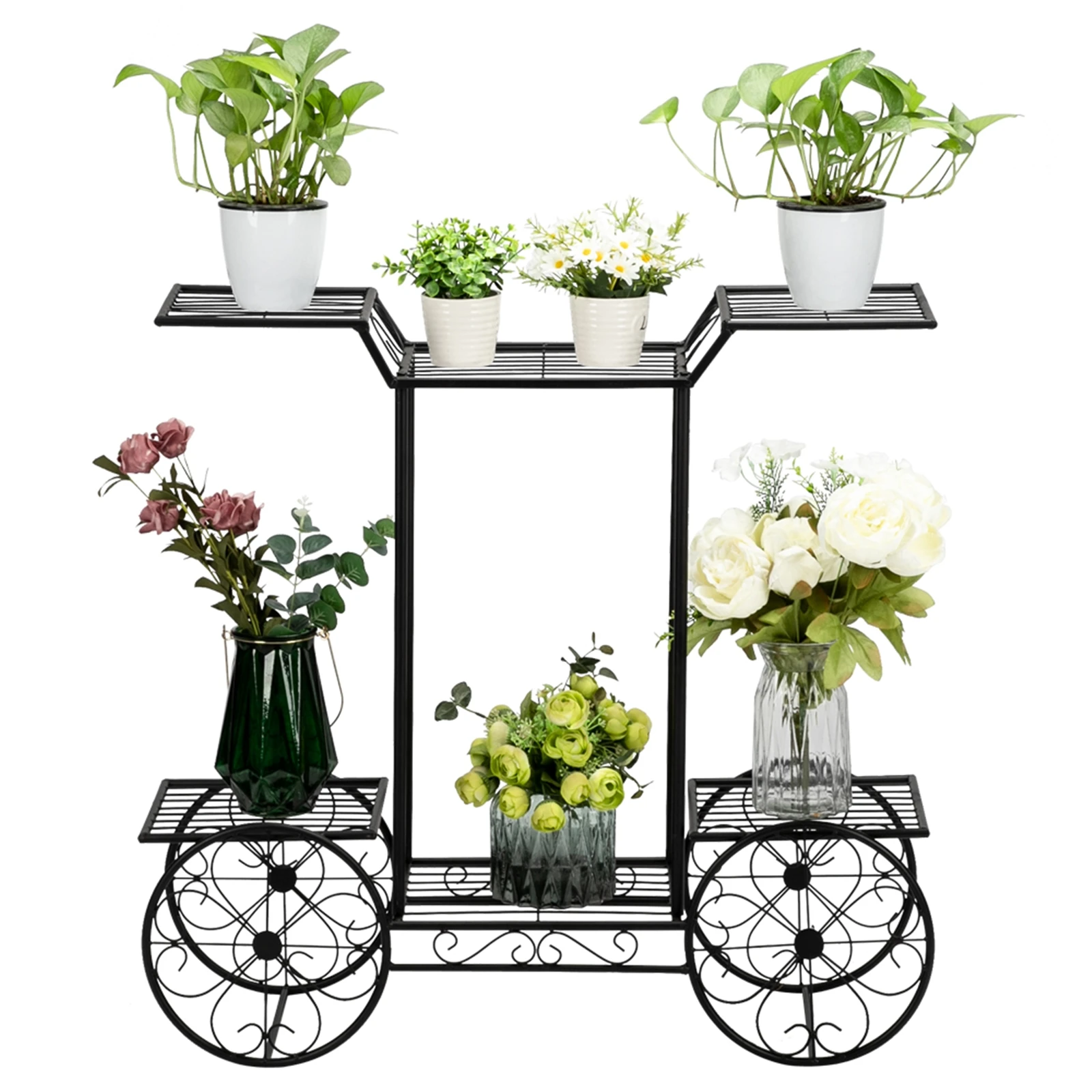 Soporte para 6 plantas con forma de coche de pintura, negro, estante para plantas de madera multiusos, resistente, ideal para decoración de jardín interior, diseño que ahorra espacio