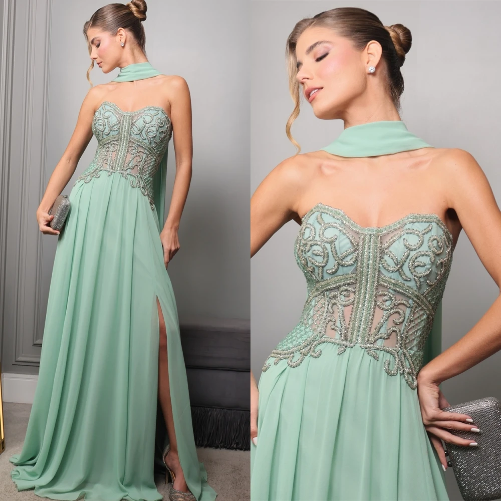 Gaun Malam Sifon Indah Kustom Gaun Prom Applique Anggun Gaun Acara Khusus Tanpa Lengan Tanpa Tali Mode